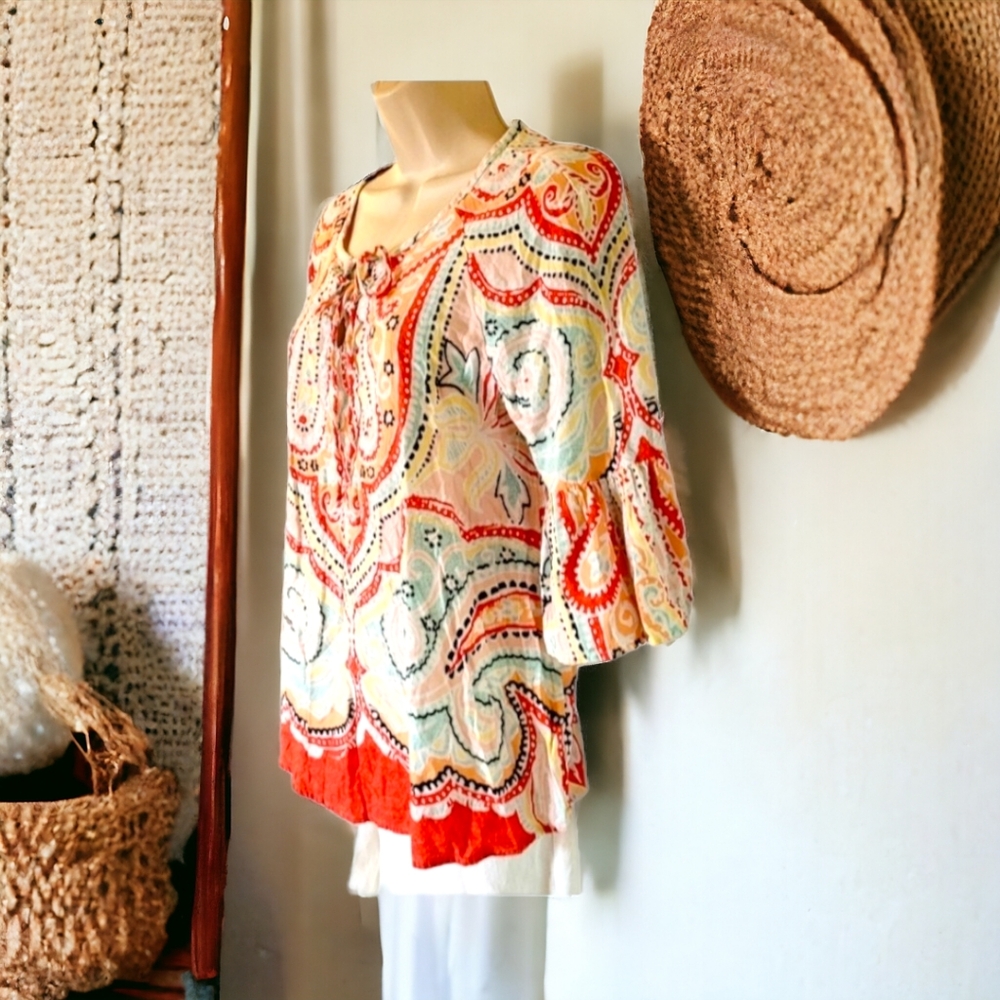 Bohemian 3/4 bell sleeve cotton blouse size medium
